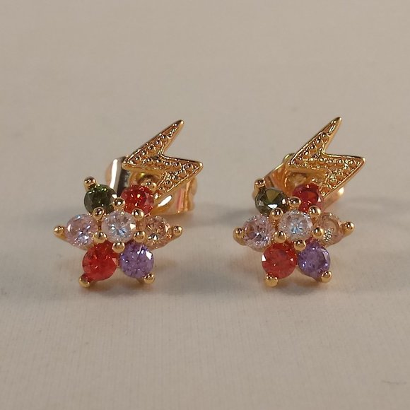 18K Yellow Gold Flower Lightning Bolt Diamond Zircon Stud Earrings Multi Color - Picture 1 of 6